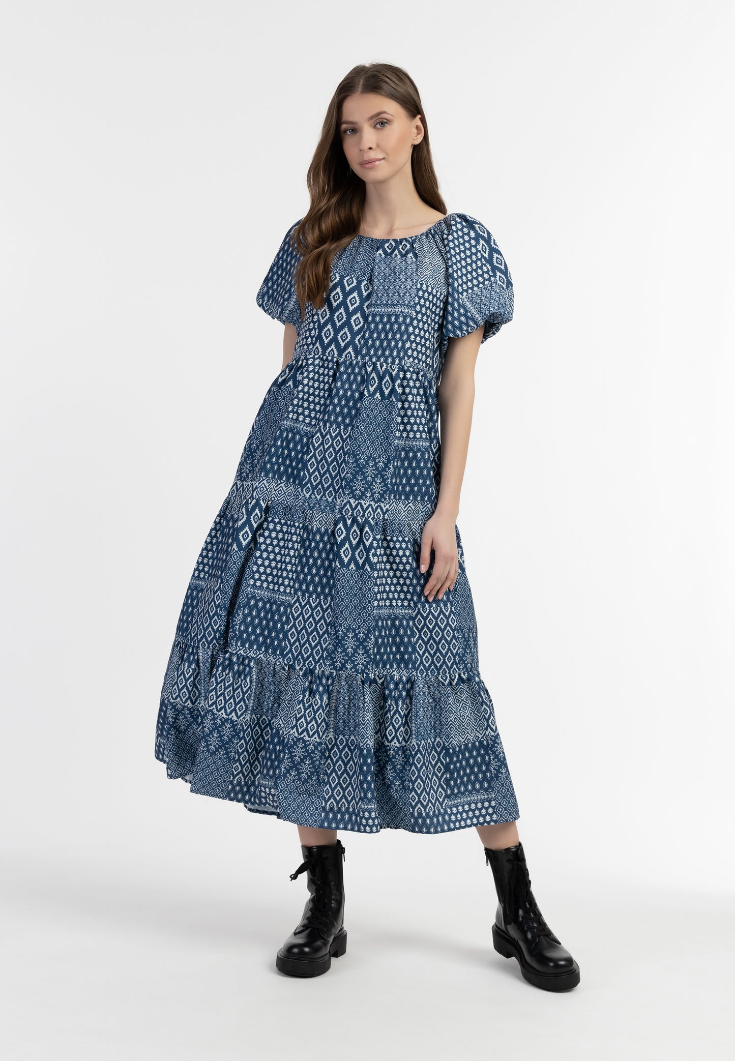 DreiMaster Vintage Damen Kurzarm Maxi Kleid
