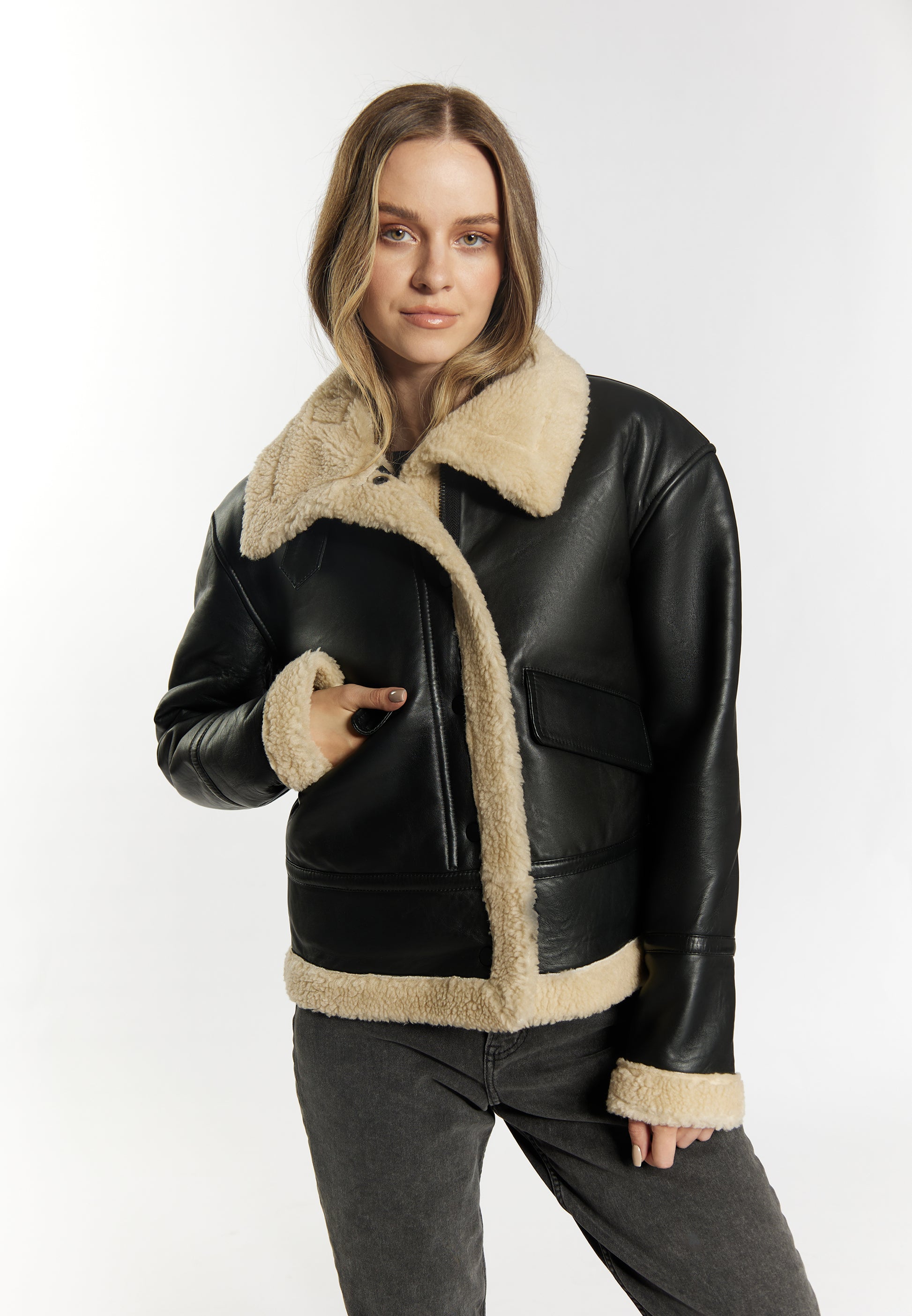 DreiMaster vintage damska skóra Shearling kurtka