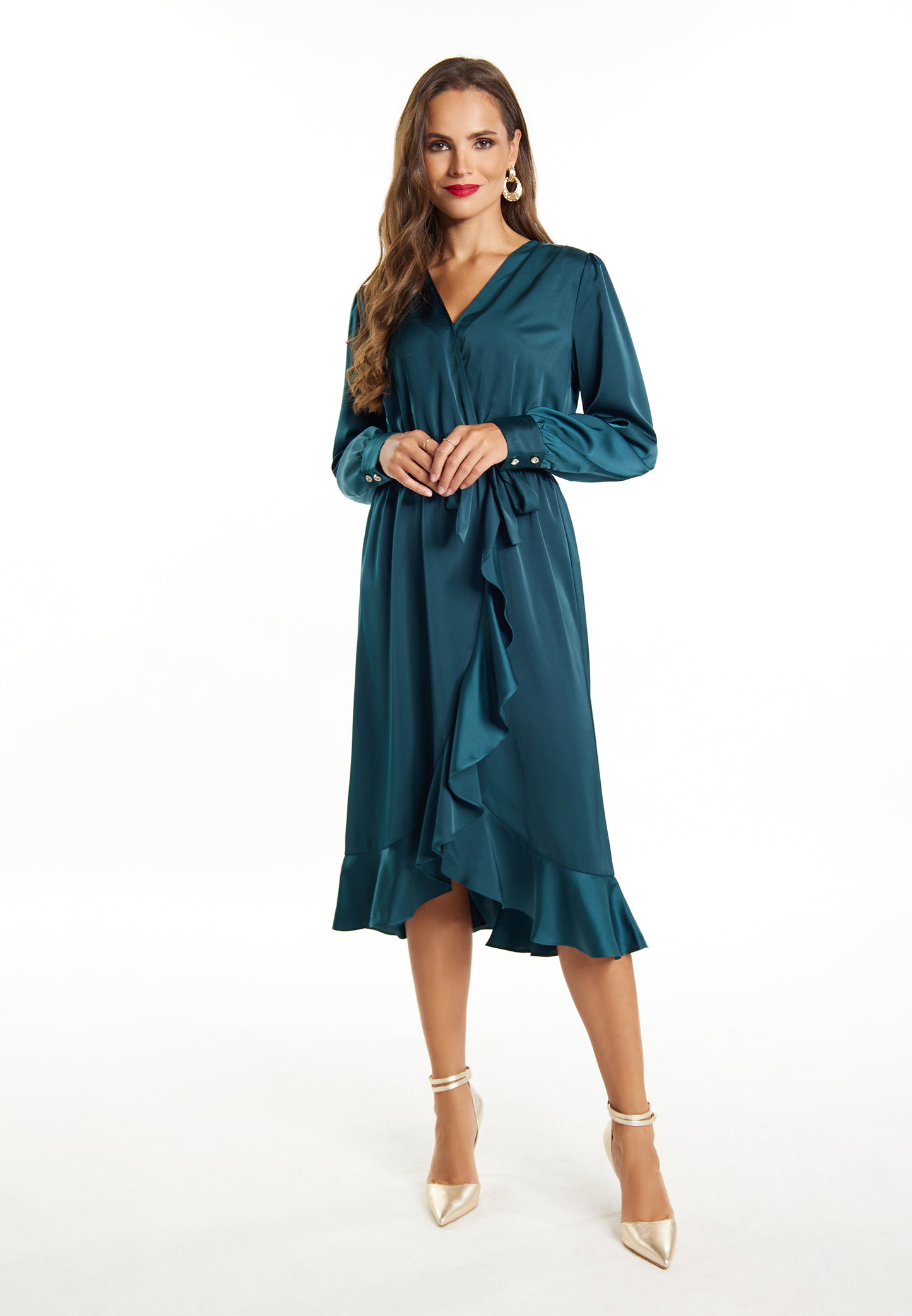 faina Damen Midi Kleid mit langen Ärmeln