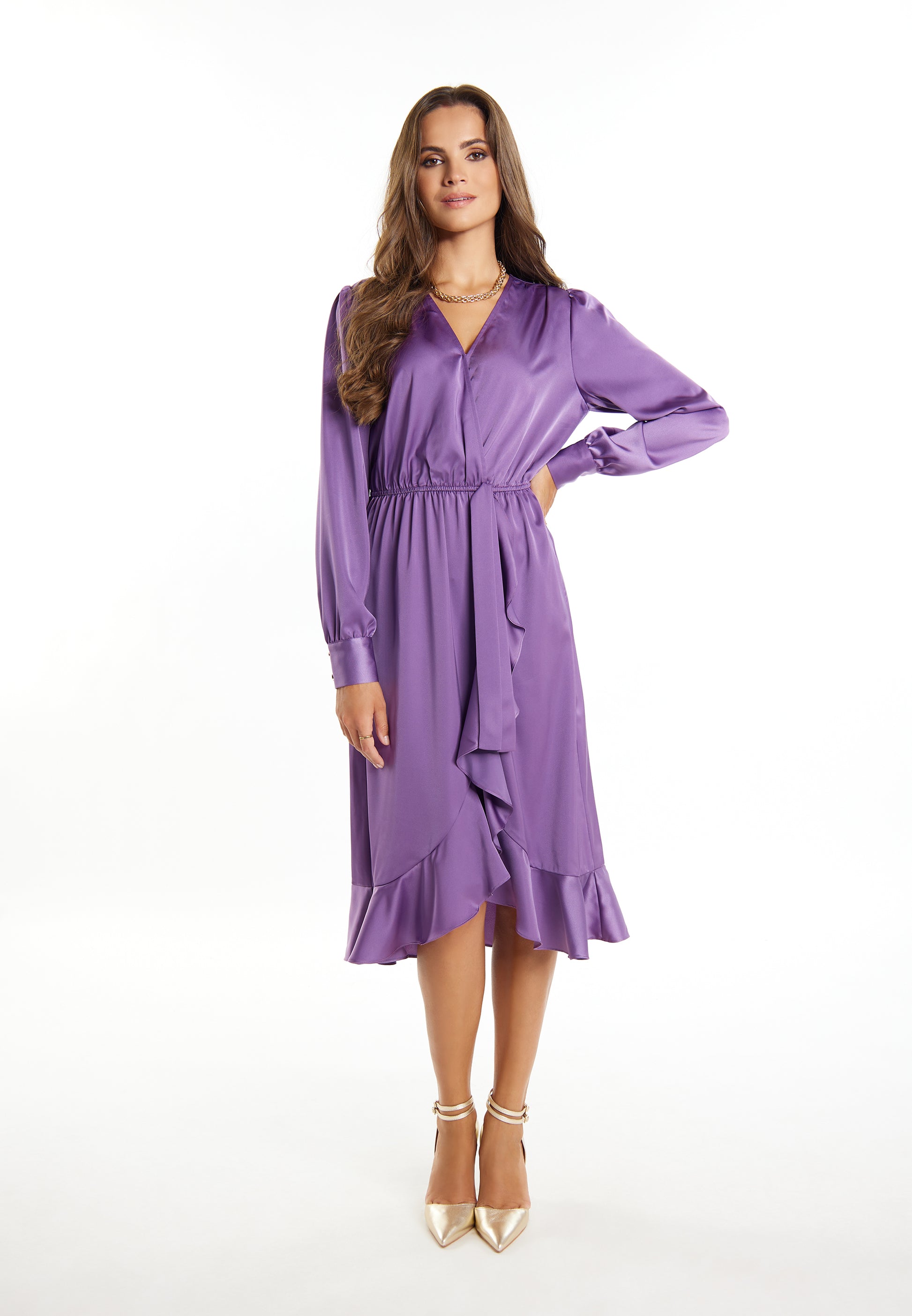 faina Damen Midi Kleid mit langen Ärmeln