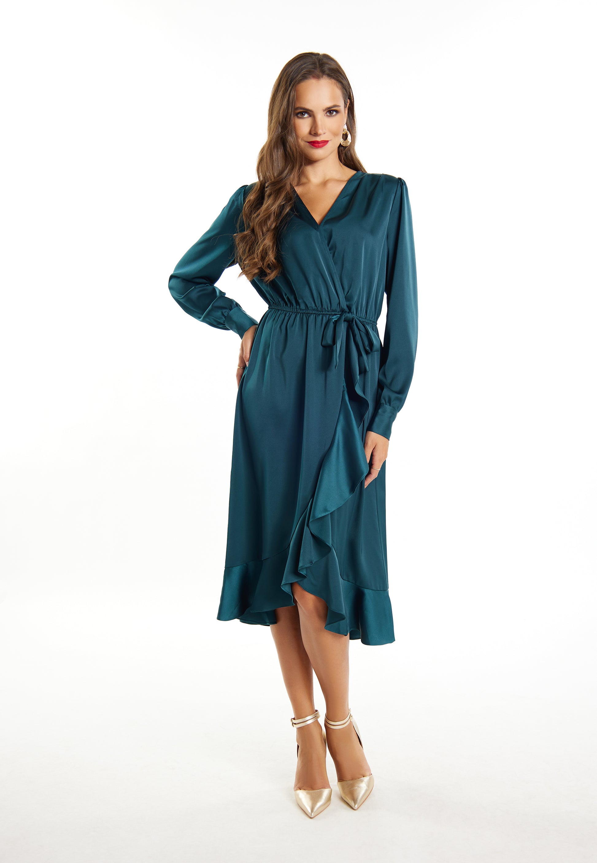 faina Damen Midi Kleid mit langen Ärmeln