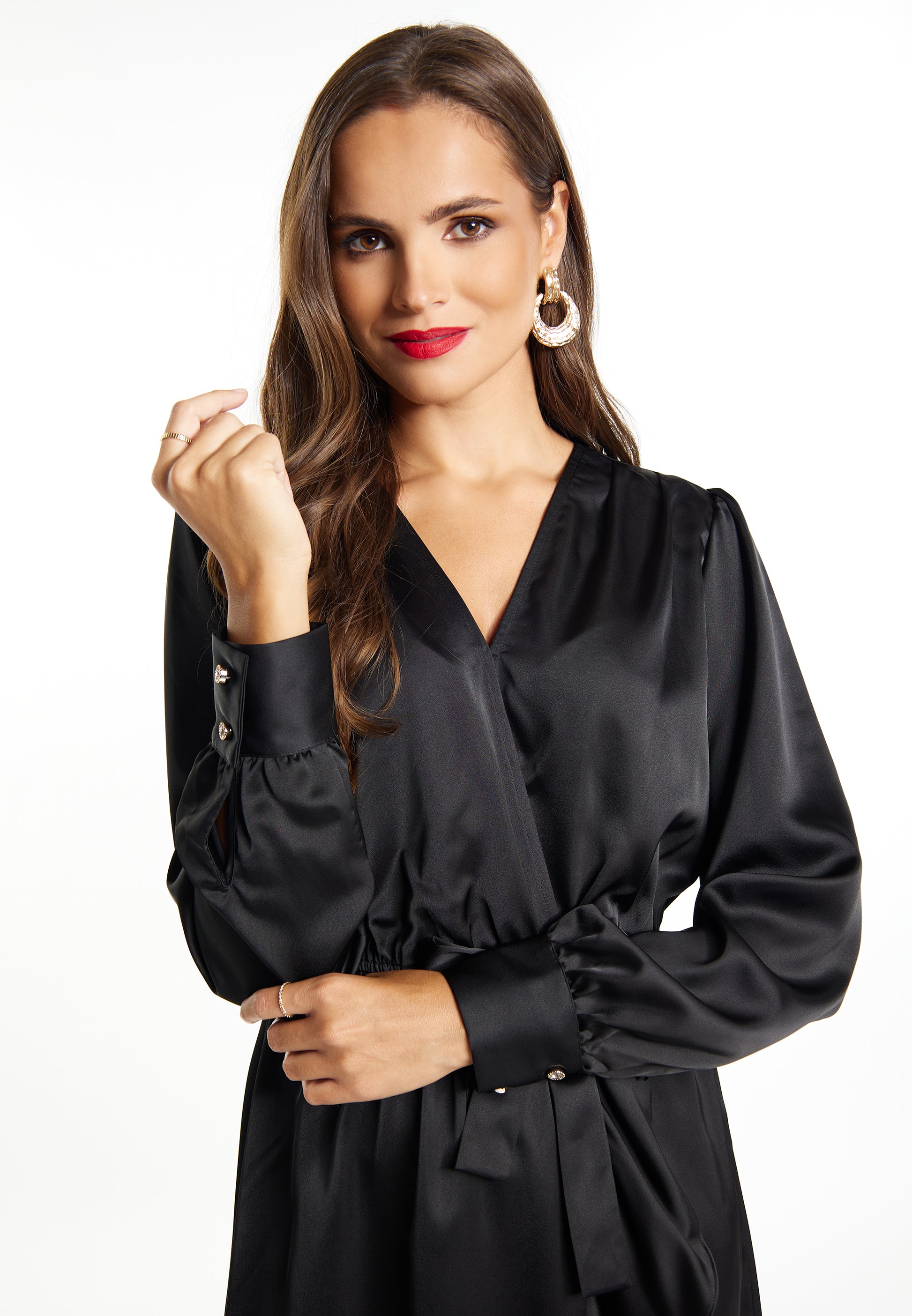 faina Damen Midi Kleid mit langen Ärmeln