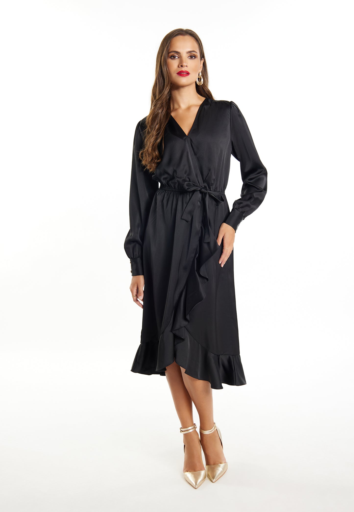 faina Damen Midi Kleid mit langen Ärmeln