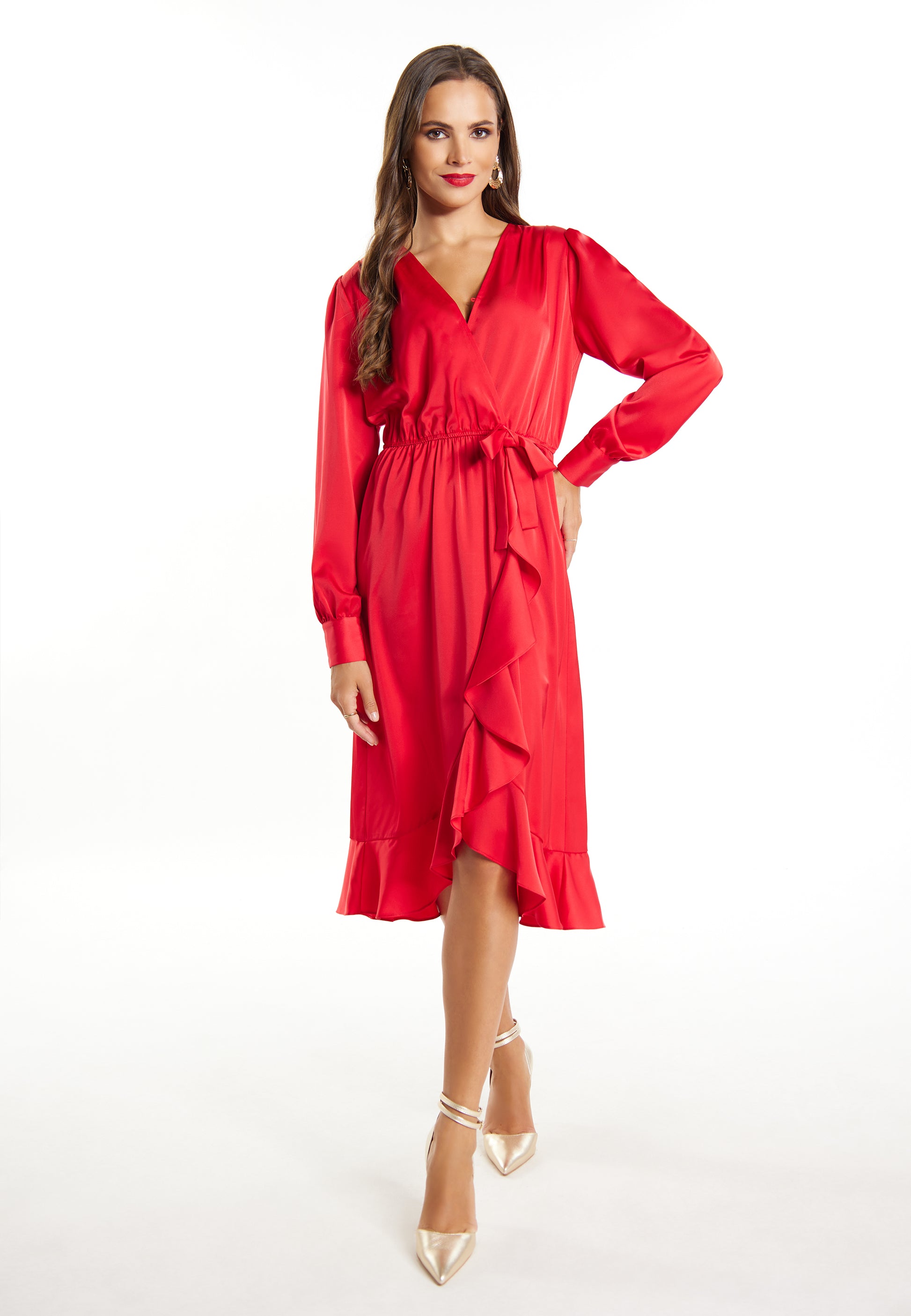faina Damen Midi Kleid mit langen Ärmeln